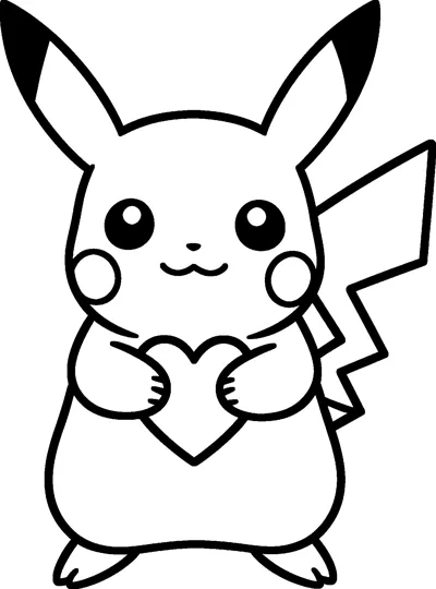 Simple line drawing of Pikachu standing and hugging a large heart to its chest, with round cheeks and a zigzag tail.
