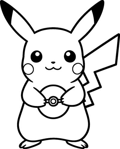 Pikachu stands facing forward with a gentle smile, holding a round Poké Ball in both paws in front of its tummy.