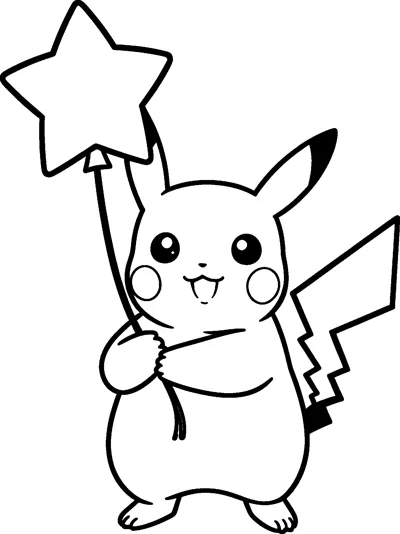 Pikachu standing and holding the string of a large star-shaped balloon with both paws, smiling.