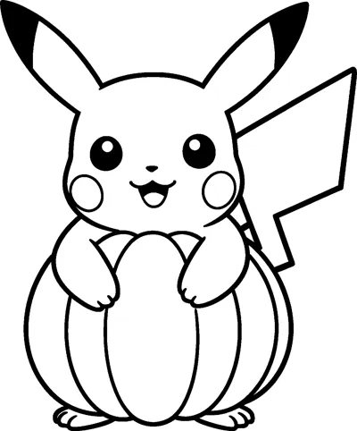 Pikachu smiles happily while hugging a big round pumpkin in front of its body, with its lightning-bolt tail behind it.