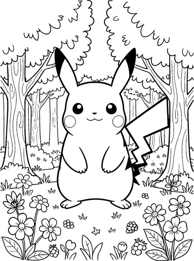 Pikachu stands in a forest clearing surrounded by tall trees, leafy bushes, flowers and clusters of berries on the grass.