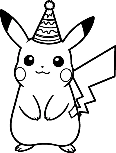A line drawing of Pikachu standing and smiling in a striped pointed party hat with a pom-pom on top.