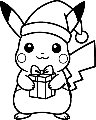 Pikachu wears a Santa hat with a fluffy bobble and holds a wrapped Christmas present tied with a bow in both paws.