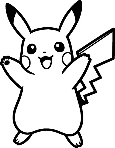 Pikachu leaping into the air with both arms raised, a wide happy mouth and its lightning-bolt tail out to the side.