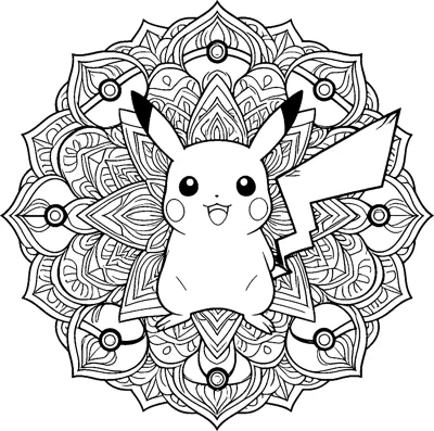 Pikachu sits smiling at the centre of a round, patterned mandala made of petals and leaf shapes, with Poké Balls set around the ring.
