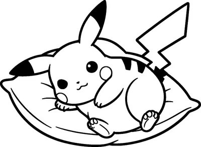Pikachu lying on its side on a soft pillow with one ear flopped down and its tail resting behind.