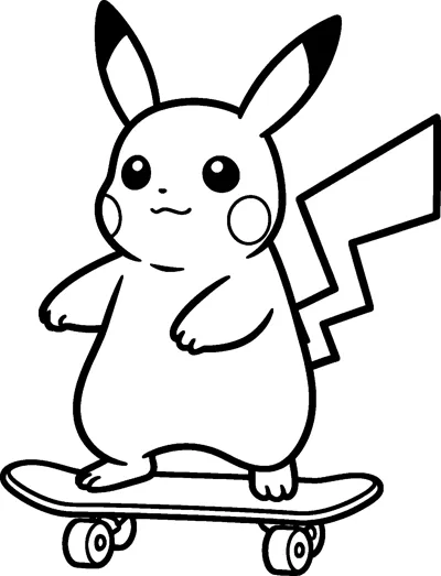 Pikachu balancing on a skateboard with arms out, round cheeks and its zigzag tail behind it.