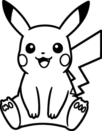 Pikachu sitting down with a big open smile, long pointed ears, round cheeks and its lightning-bolt tail behind it.