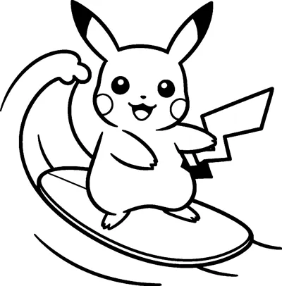 Pikachu rides a surfboard with a big open smile, balancing with its arms out as a curling wave rises behind it.