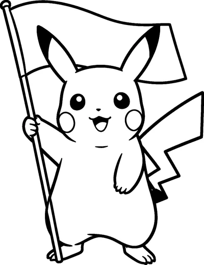 Pikachu holding a tall flagpole with a large blank flag flying above its head and one paw raised.
