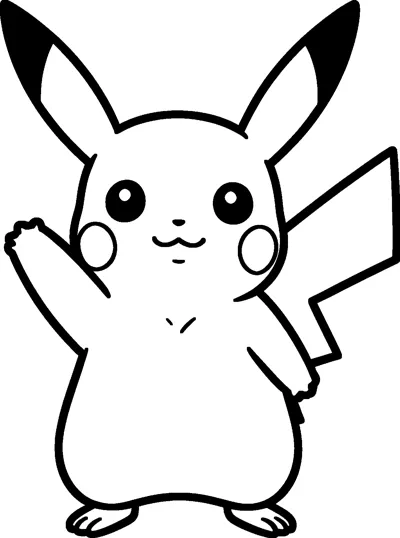 Pikachu stands on two feet and waves one paw, with round cheeks, long pointed ears and its zigzag lightning-bolt tail.