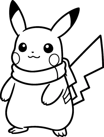 A line drawing of Pikachu standing and smiling with a long knitted scarf wrapped snugly around its neck.