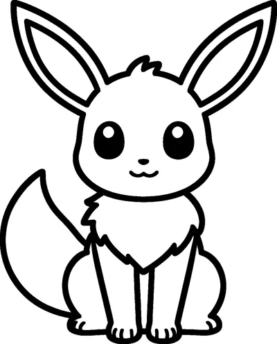 Simple line drawing of Eevee sitting neatly with tall pointed ears, big round eyes, a fluffy chest collar and a bushy tail.