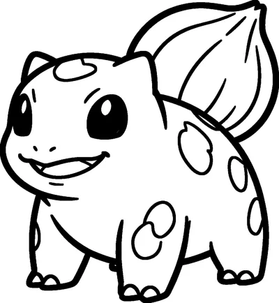 A simple line drawing of Bulbasaur standing side-on and smiling, with a large bulb on its back and spots on its body.