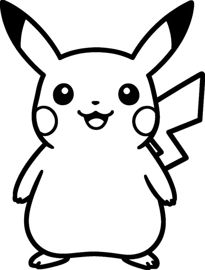 Pikachu stands facing forward with a wide open smile, round cheeks, long ears and its lightning-bolt tail behind it.