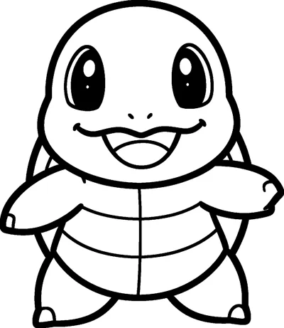 Squirtle, the little turtle Pokémon, stands with a big happy smile, its arms out wide and its shell and belly plates showing.