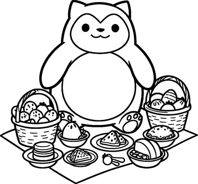 Line drawing of Snorlax sitting on a picnic blanket surrounded by fruit baskets, sandwiches, pancakes and bowls of food.