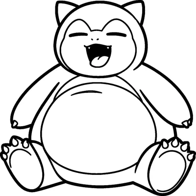 A line drawing of Snorlax sitting with its eyes closed and mouth wide open in a yawn, showing its huge round belly.