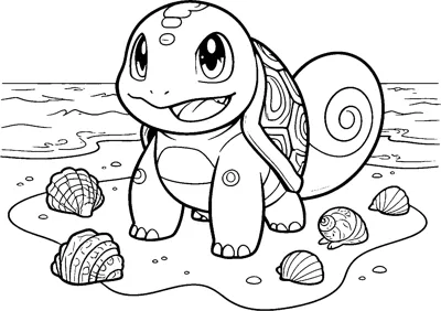 A detailed line drawing of Squirtle standing on a sandy beach surrounded by seashells, with waves rolling in behind it.
