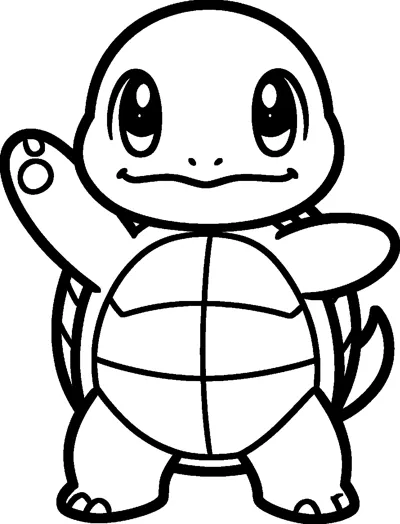A simple line drawing of Squirtle standing on two feet, waving one arm, showing its round shell and curly tail.