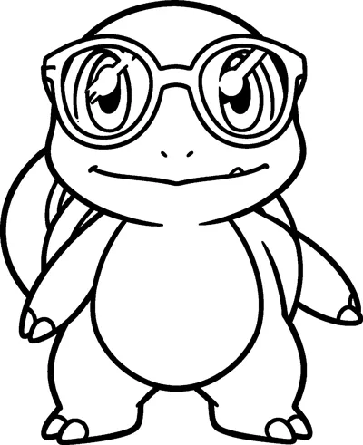 Squirtle standing and smiling while wearing a pair of large round sunglasses, with its shell behind.