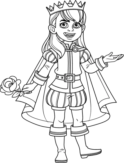 A young prince with a crown and cape holds out a rose with one hand open.