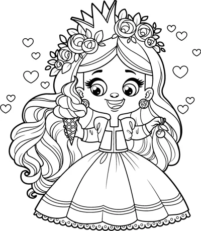 A long-haired princess in a flower crown holds an ice cream cone, surrounded by hearts.