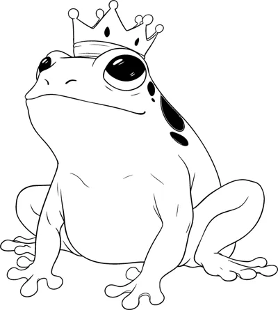 A large spotted frog sits facing forward wearing a small crown on its head.