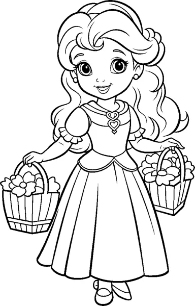 A young princess in a long dress holds a basket of flowers in each hand.