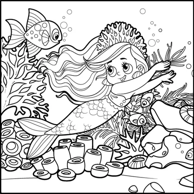A mermaid with a crown stretches forward as she swims over coral, shells and fish.