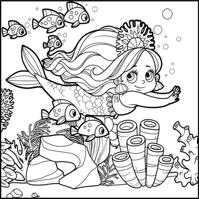 A mermaid with long hair swims above coral and tube sponges as fish swim around her.
