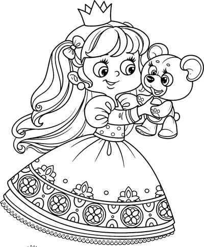 A princess in a patterned gown hugs a teddy bear, with a small colored example beside her.