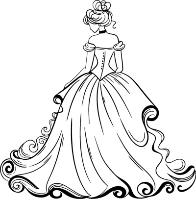 A princess seen from behind in a huge ball gown with curling, swirling hem.