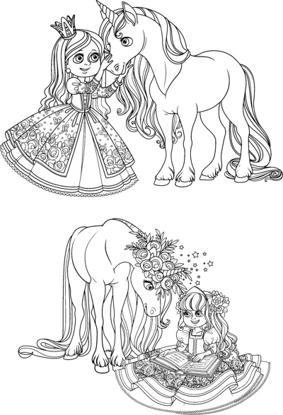Two scenes: a princess hugging a unicorn, and a princess sitting with a book beside a unicorn.