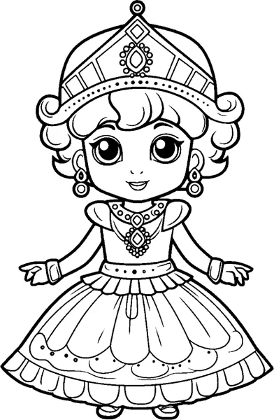 A small princess with a tall jeweled crown, necklace and a ruffled dress stands facing forward.