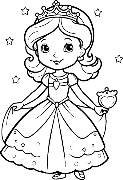 A little princess in a tiara and ball gown holds a small crown with stars around her.