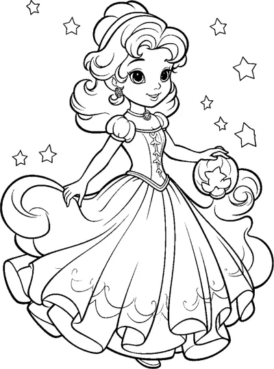 A princess with curly hair twirls in a flowing gown while holding a flower, with stars around.