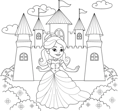 A princess in a gown stands in front of a castle with towers and flags, flowers at her feet.