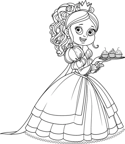 A curly-haired princess in a layered gown holds a tray with three cupcakes.
