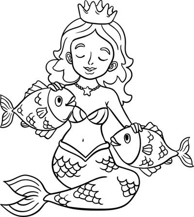 A smiling mermaid with a crown holds a large fish in each arm.