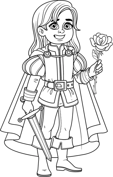 A smiling prince in a cape and boots holds a sword at his side and a rose in the air.