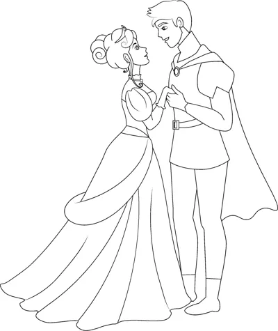 A prince and a princess in a long gown hold hands and dance face to face.
