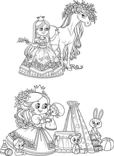 Two scenes: a princess petting a flower-crowned horse, and a princess with a doll, bunny and toys.