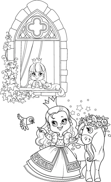 Two scenes: a princess looking out of an arched tower window, and a princess beside a pony with a bird.