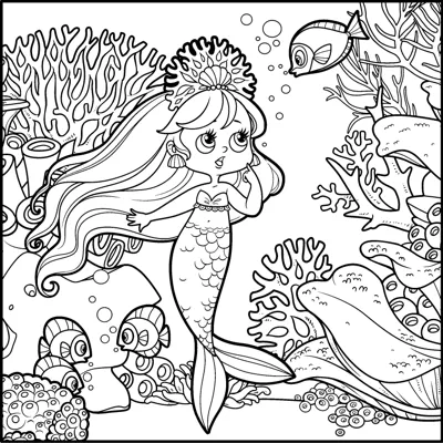 A mermaid sits on the seabed among coral, shells and seaweed as a fish swims above.