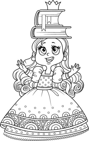 A princess in a patterned gown balances a stack of books on her head with arms out.