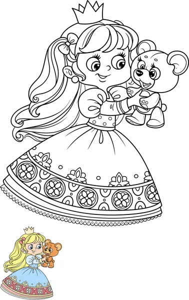 A princess in a patterned gown hugs a teddy bear, with a small colored example beside her.