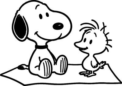 Snoopy sits smiling on a picnic blanket while his little bird friend Woodstock, with messy head feathers, stands beside him.