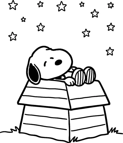 Snoopy sleeps peacefully on the roof of his doghouse with his feet up, surrounded by twinkling stars in the night sky.