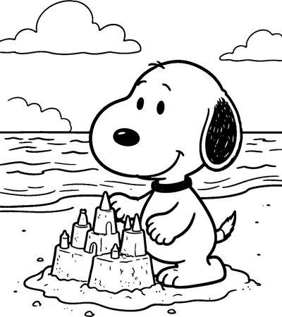 Snoopy smiles as he builds a sandcastle with pointed towers on the beach, with the sea and clouds behind him.